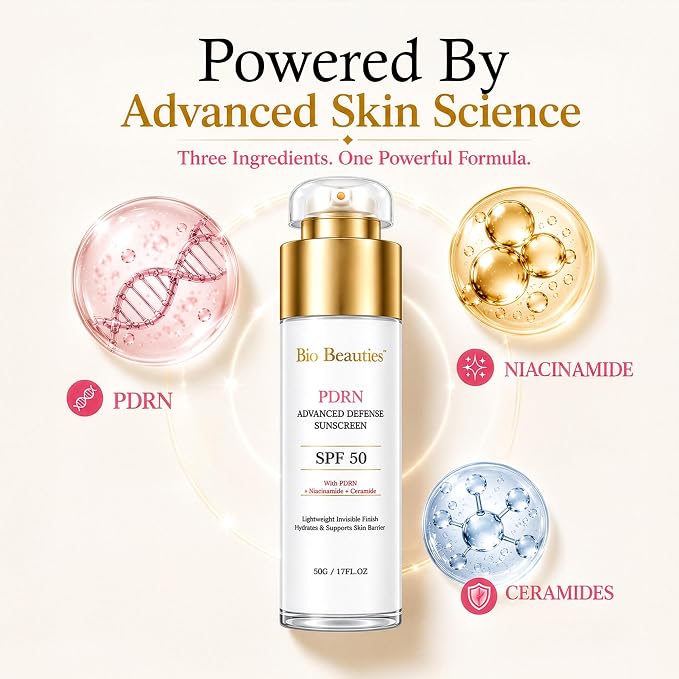 SPF 50 Face Sunscreen with PDRN, Broad Spectrum & Water Resistant, Niacinamide and Ceramides for Brightening and Firming